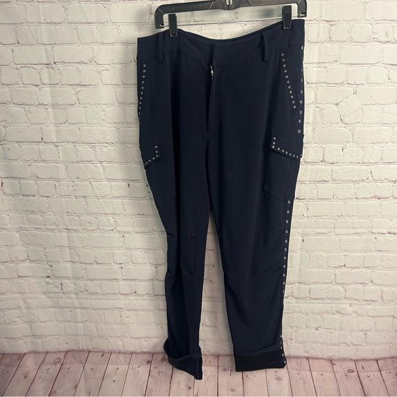 10 Crosby Derek Lam trendy navy blue preppy grommet embellished pants size 8 - Picture 3 of 13